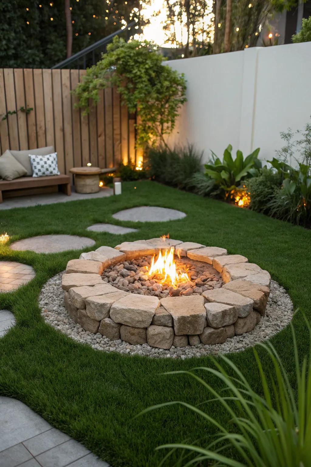 Cozy up around this enchanting firepit circle, where warmth meets greenery.