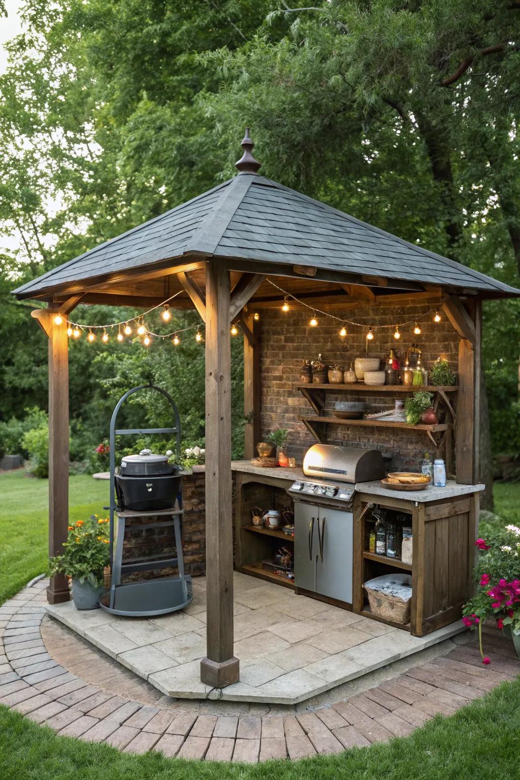 Grill and chill with a rustic pavilion setup.