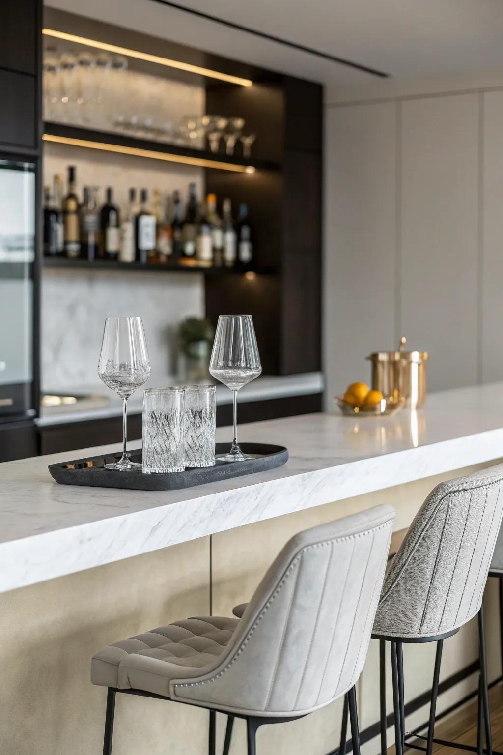 A minimalist style creates a tranquil and modern home bar setting.