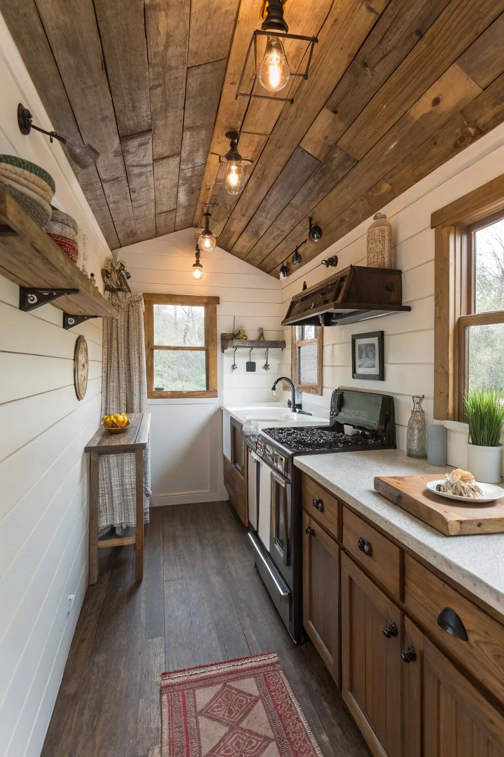 Reclaimed wood accents bring charm and sustainability to small kitchens.