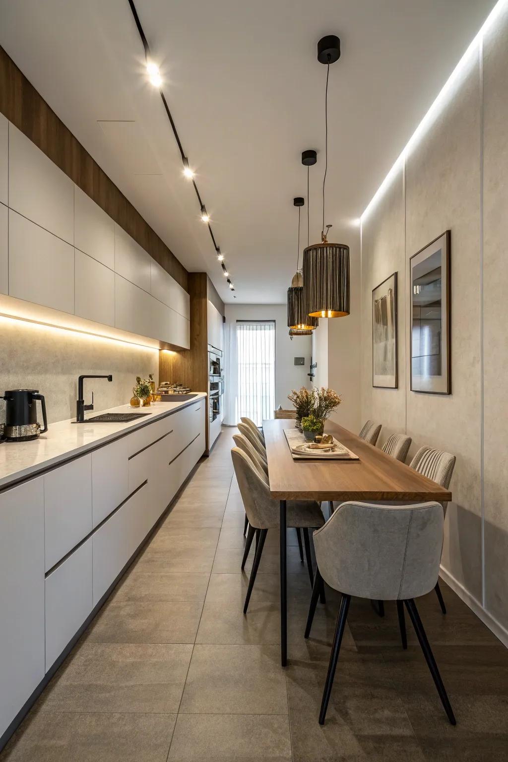 A slim rectangular table that fits seamlessly into tight spaces.