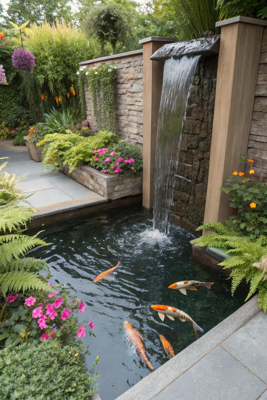 An impressive vertical water wall enhances this small koi pond.