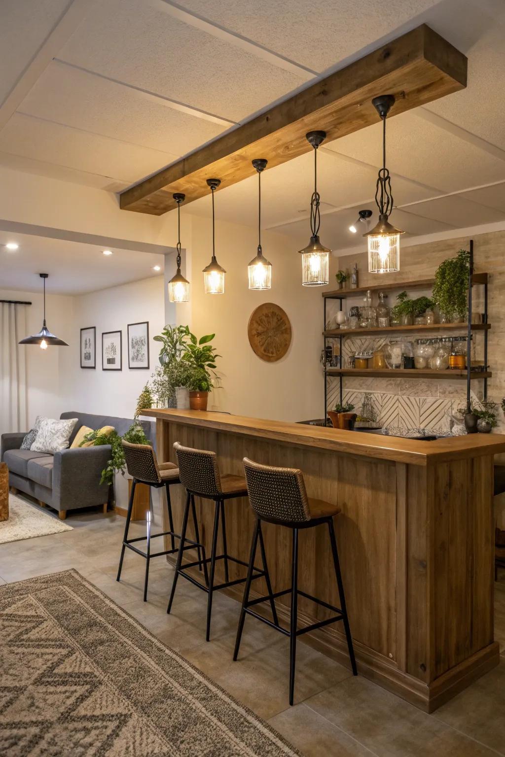 Suspended lights create focus and atmosphere.