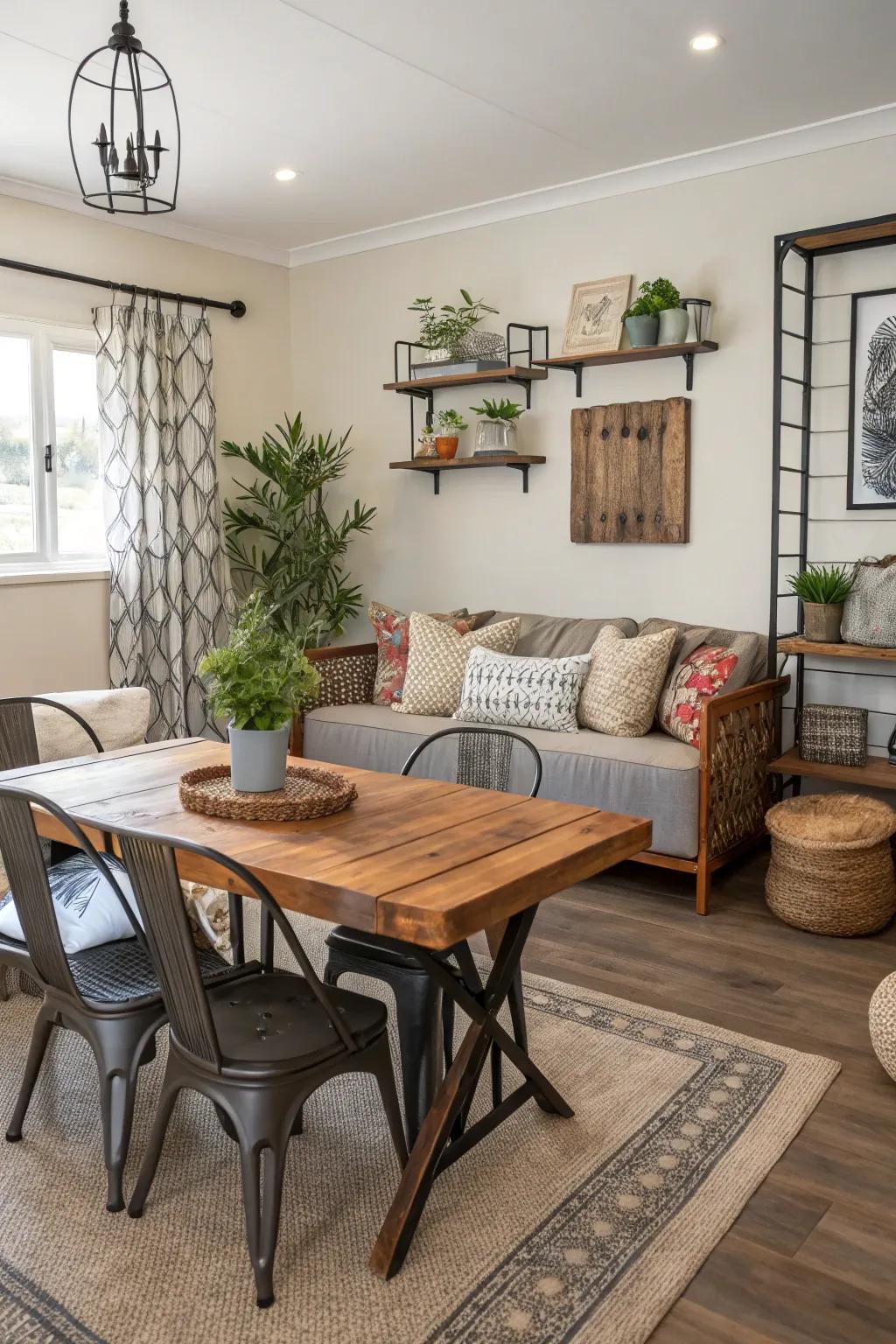 Textured elements adding depth to a small combined space.