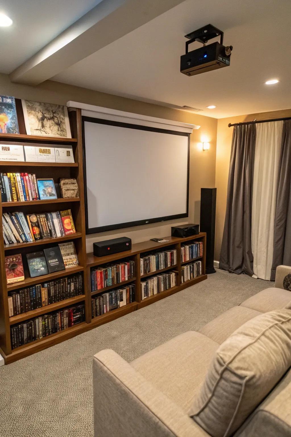 A literary and cinematic blend with a bookshelf theater.