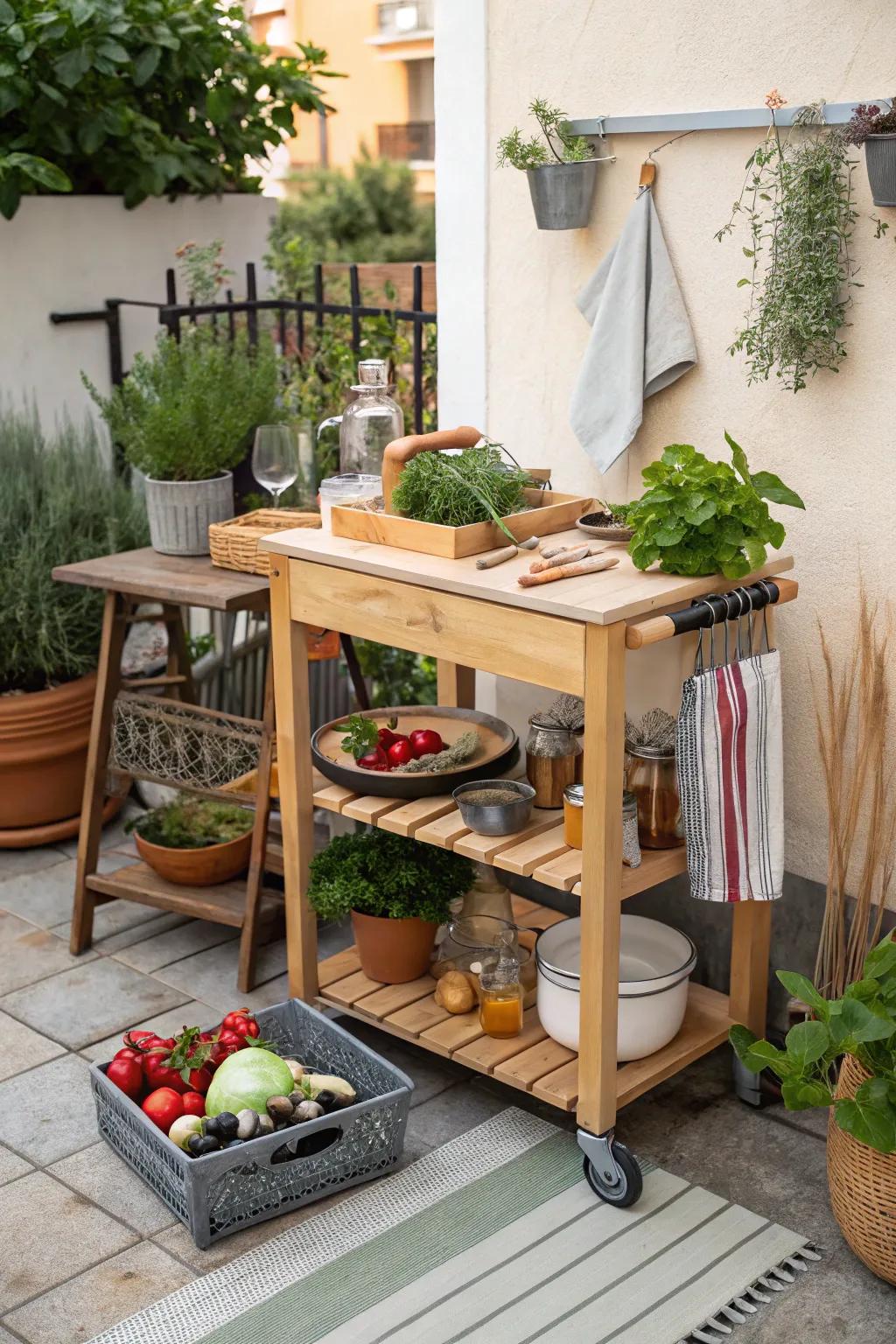 A portable kitchen cart adds flexibility to your setup.