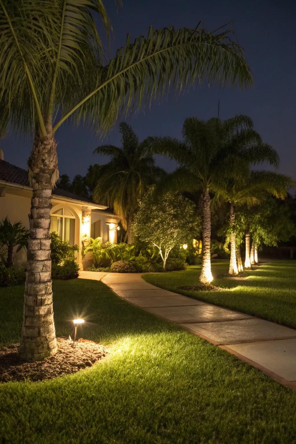 Landscape lighting transforms palms into enchanting nighttime features.