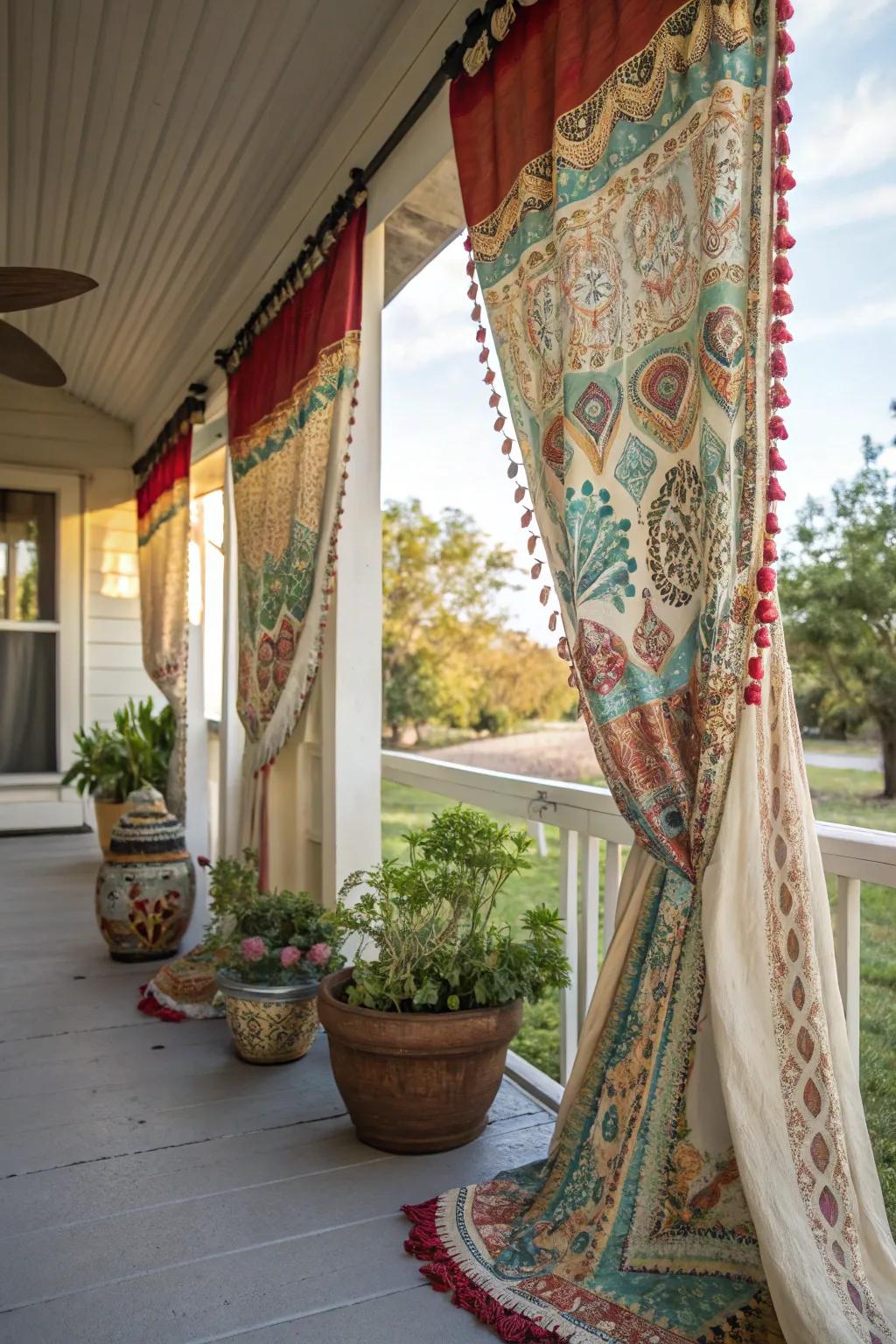 Bohemian curtains impart a playful and artistic impression to your porch.