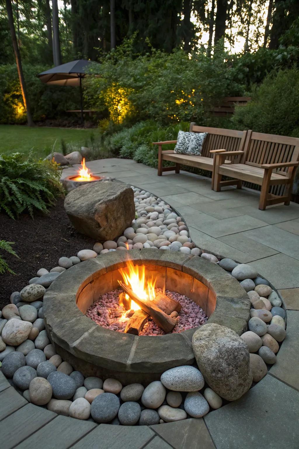 An inviting bonfire zone accentuated with ornamental rocks.