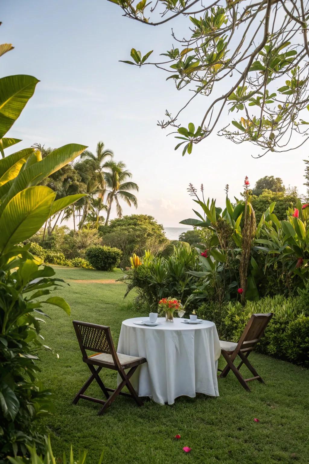 A compact seating zone beckons you to relish the verdant settings.