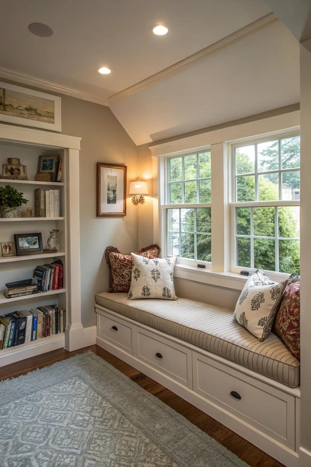 Built-in seating maximizes space in a small living room's architecture.