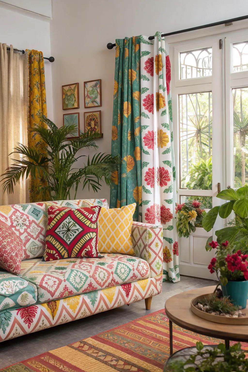 A patterned sofa introduces a playful and adventurous element to the decor.