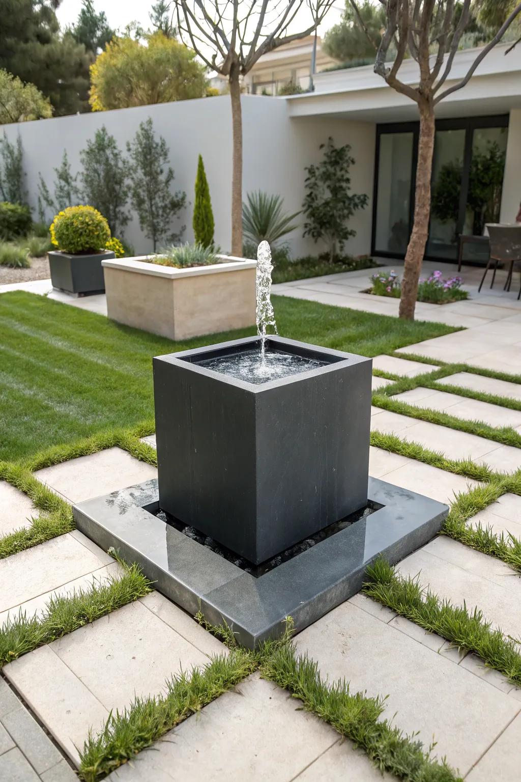A sleek, cube-shaped solar fountain offering modern sophistication.