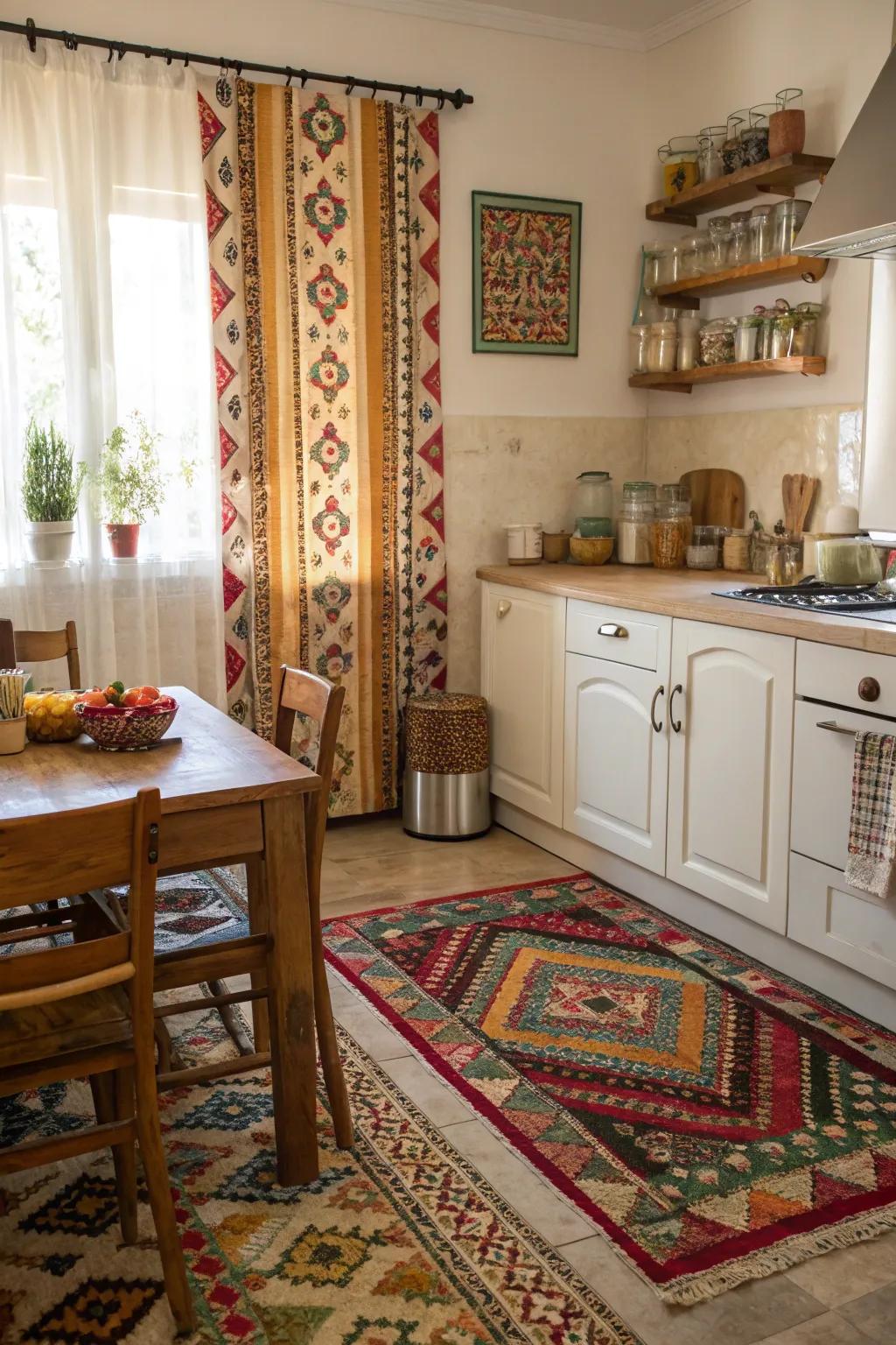 Textiles add vibrancy and warmth to the kitchen decor.