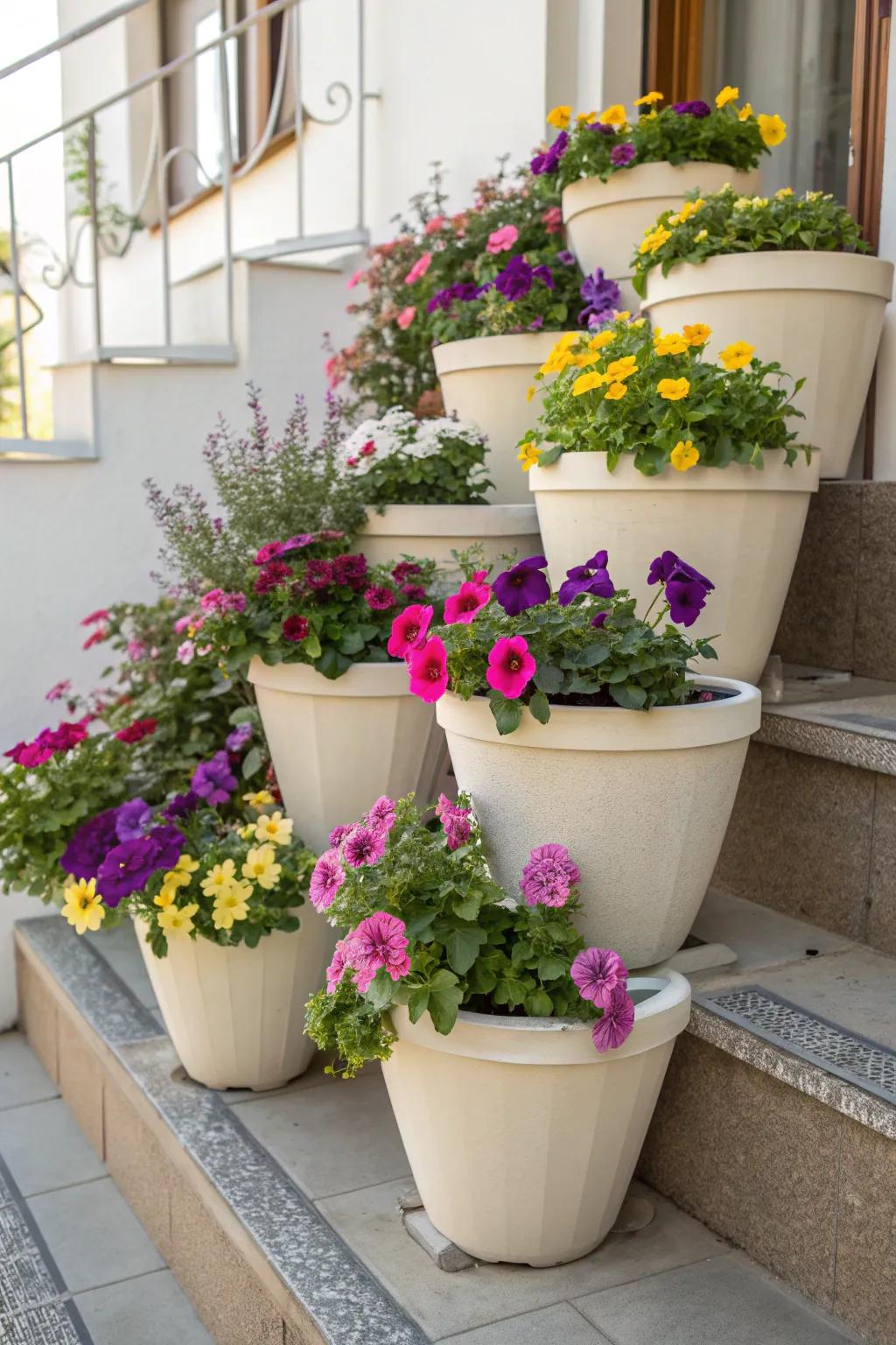 Transform your garden with a stunning multi-layered cascade of tipped flower pots, showcasing nature's vibrant palette in minimalist style.