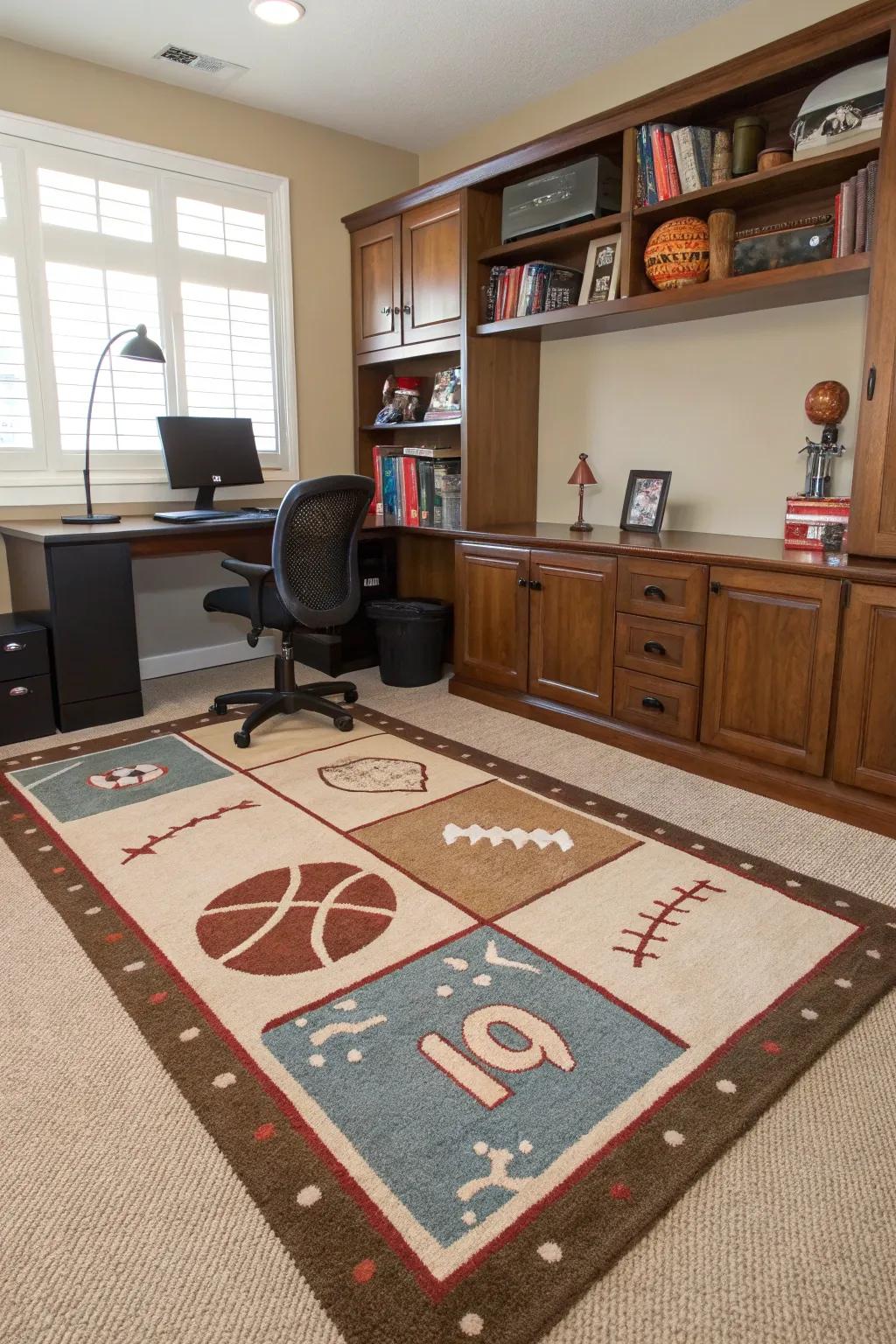 A sports-themed rug is both practical and adds to decor.
