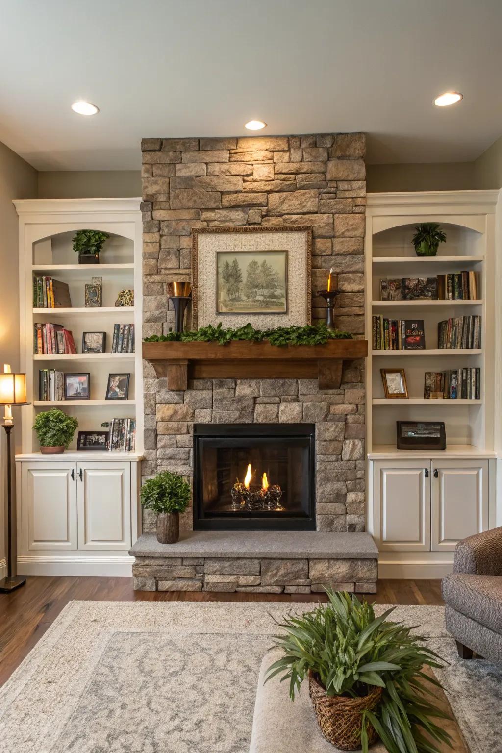 A functional living room featuring a stone fireplace and integrated shelving.