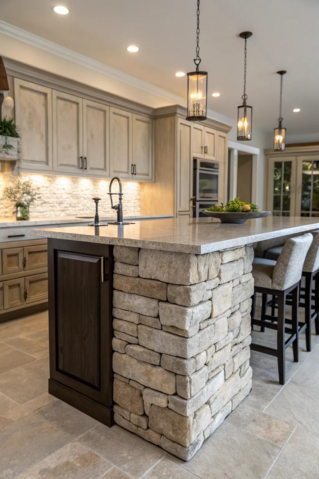 A kitchen island that harmoniously blends traditional and modern styles.