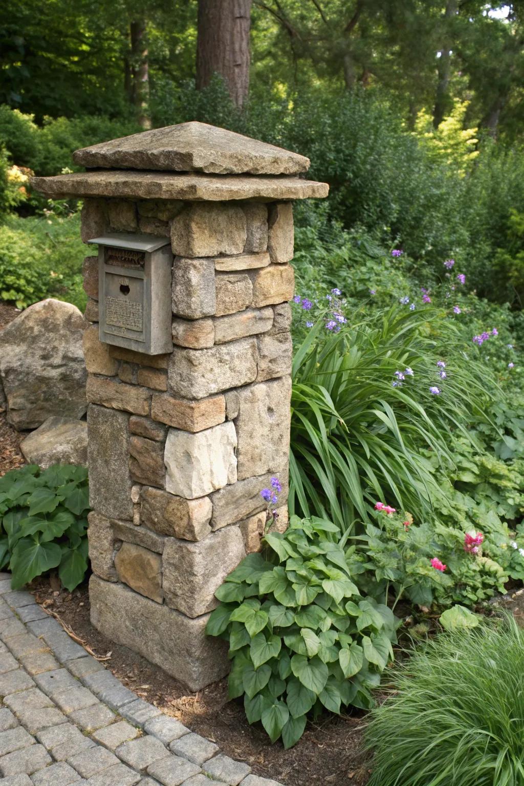 An eco-friendly mailbox pillar crafted from recovered stone.