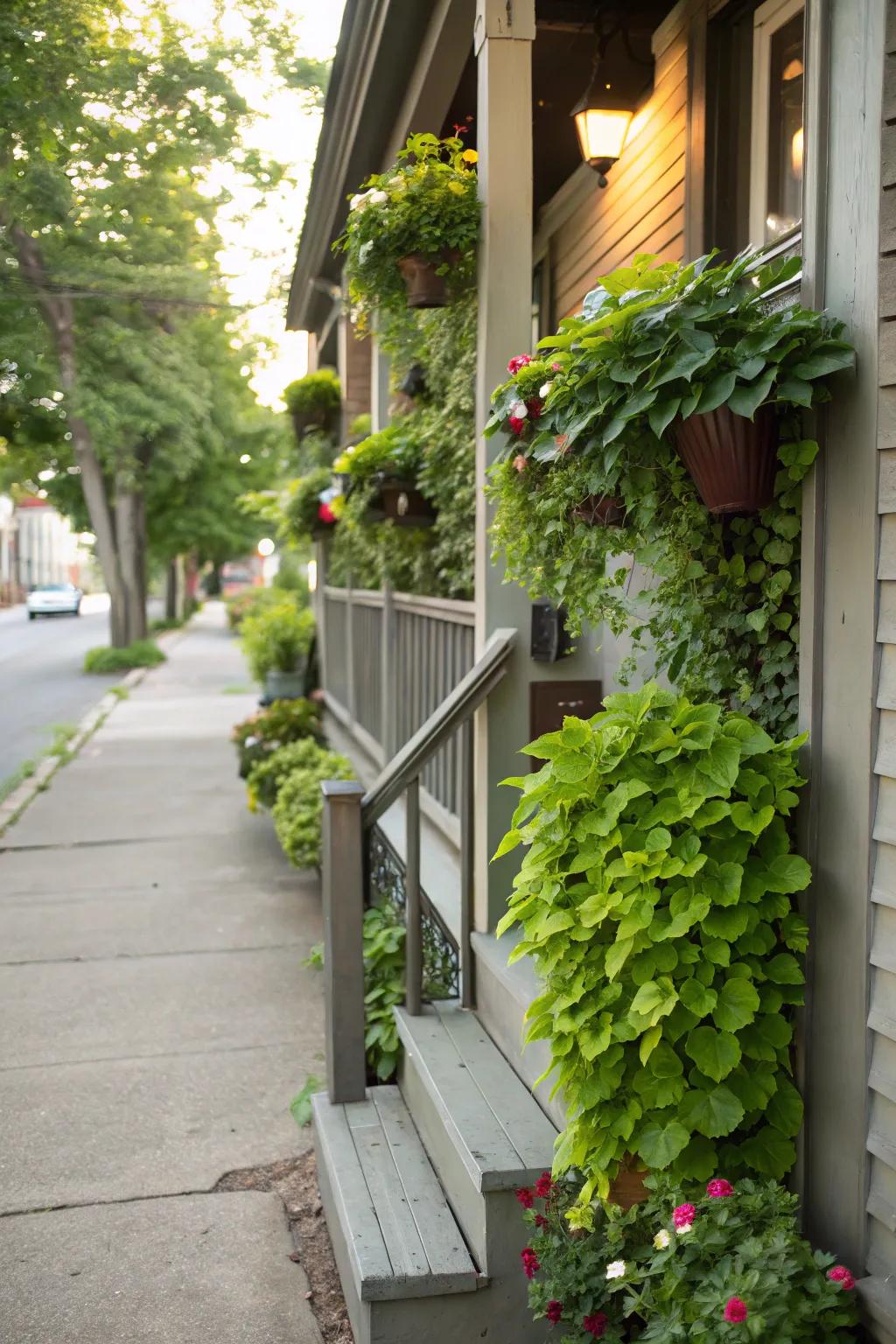 Vertical gardens contribute a verdant sensation to a small stoop.