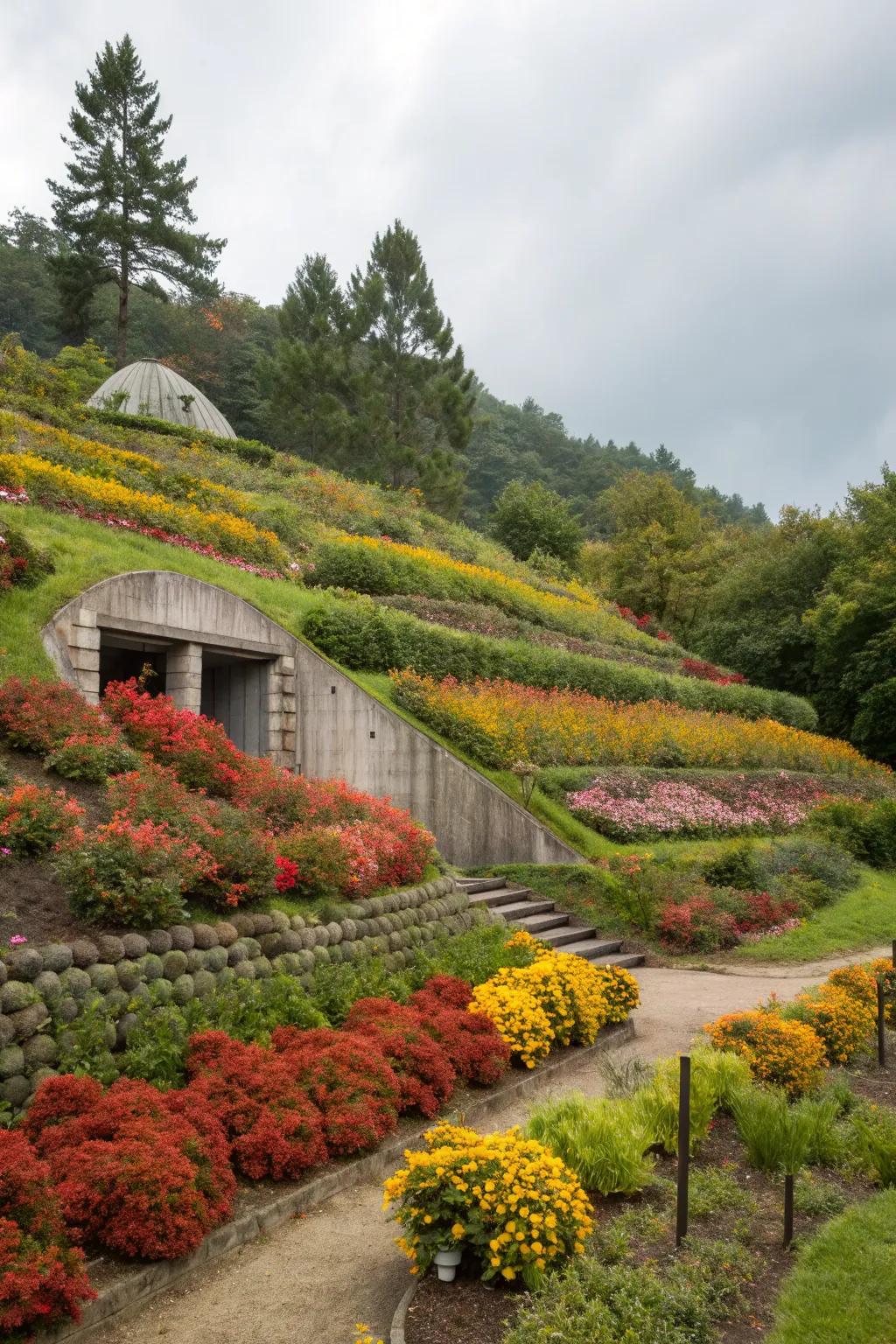 Tiered gardens artistically make use of sloped areas surrounding storm shelters.