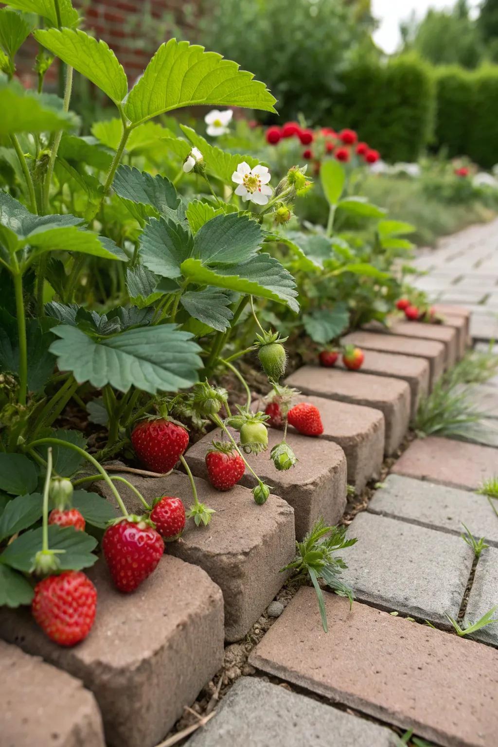 Strawberries growing beautifully between bricks.