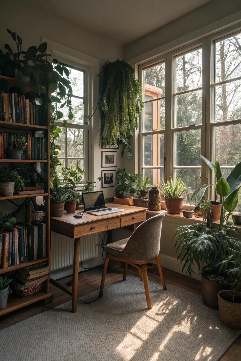 Plants and natural lighting create a calming streaming atmosphere.