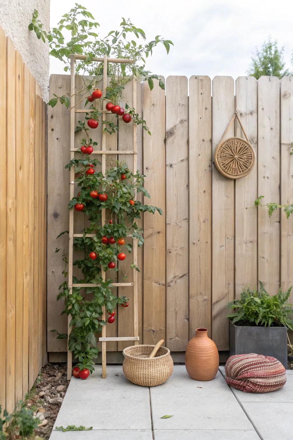 Elevate your garden style with a minimalist string trellis against a natural wood fence.