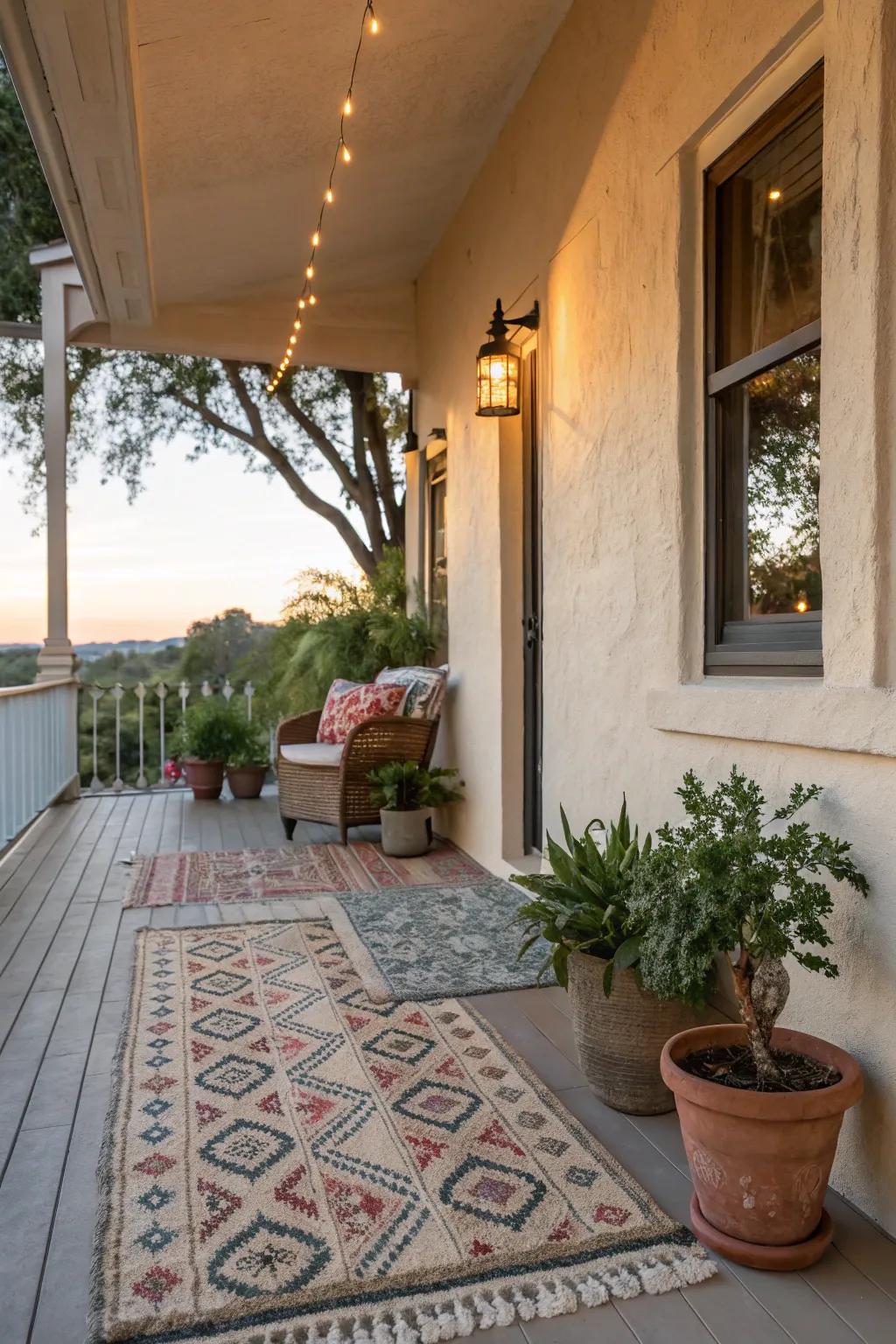 This stucco porch feels like home because of its cozy decor.