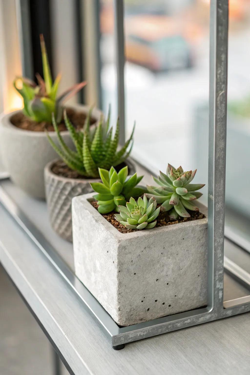 A sleek solid structure with a modern succulent display.