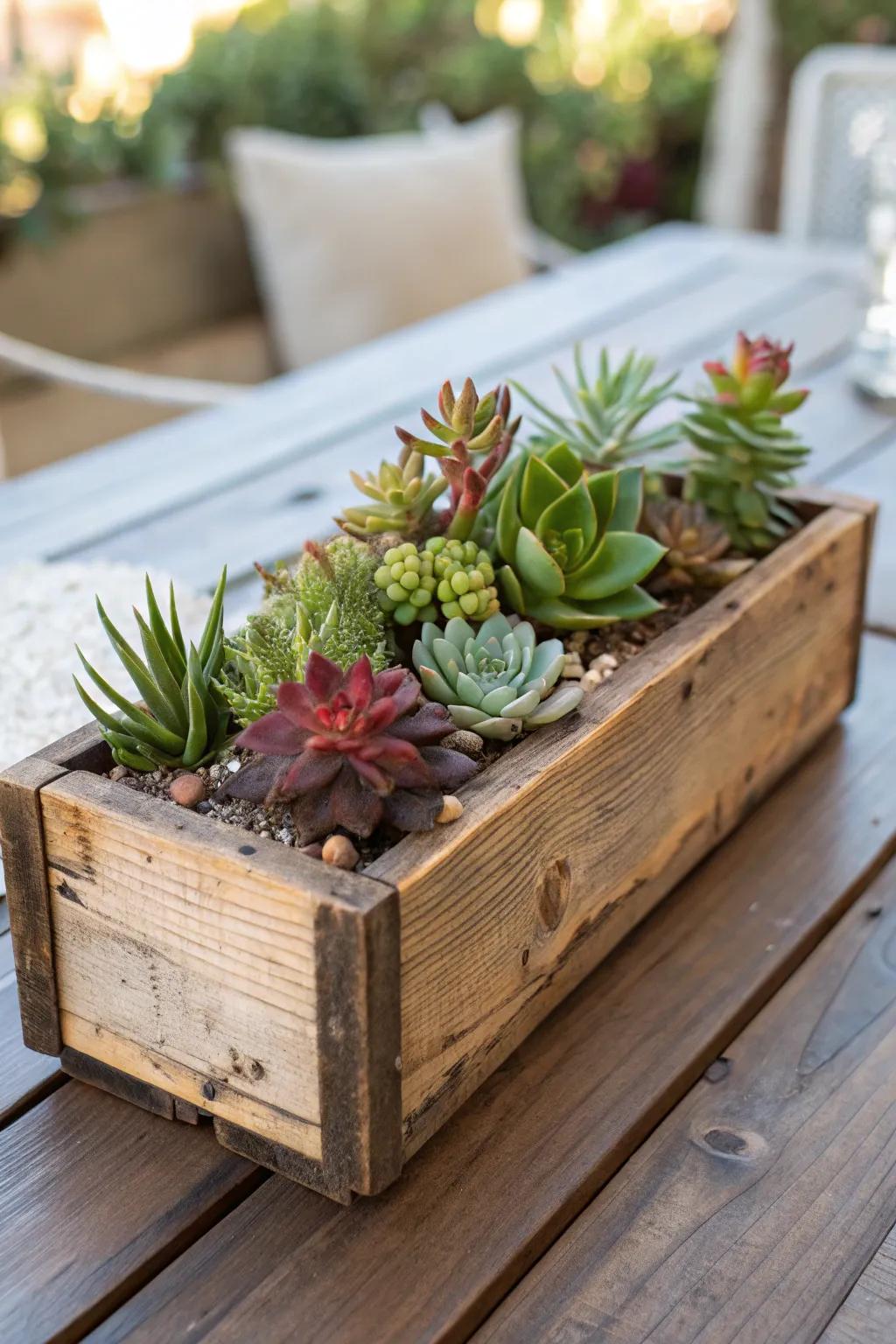 A wooden box planter adds rustic charm to your decor.