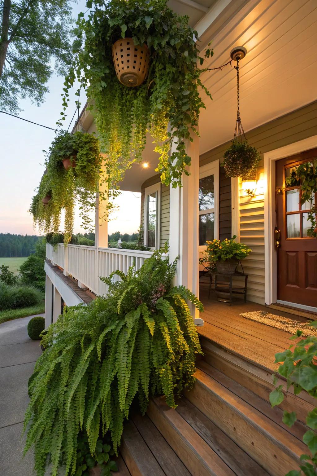 Dangling flora adds greenery and vitality to any porch.