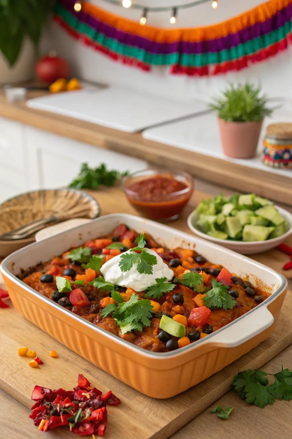Earthy tuber and dark legume enchilada oven-baked dish, a fusion of taste and color.
