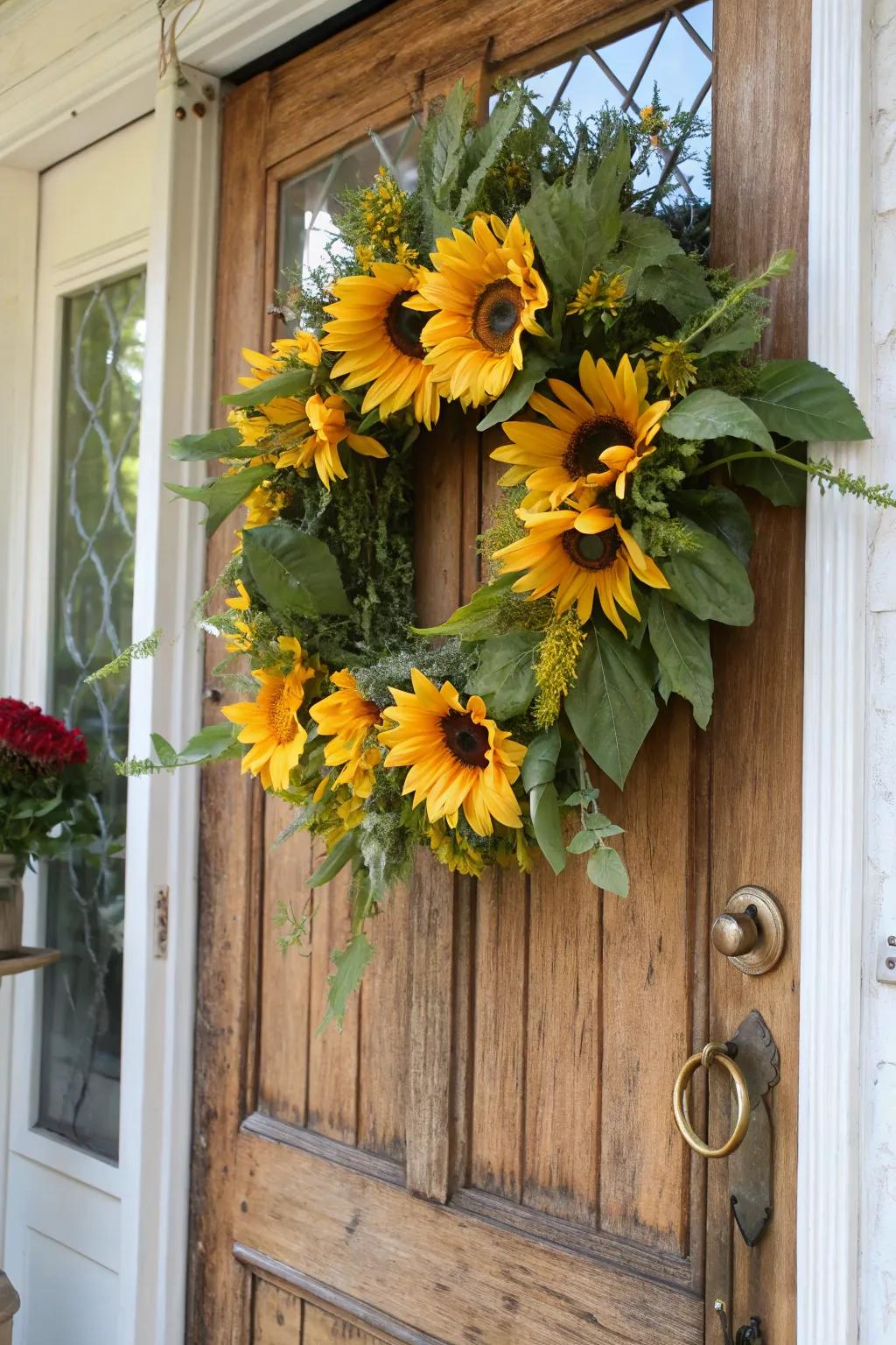 Welcome guests with a joyful sunflower wreath.