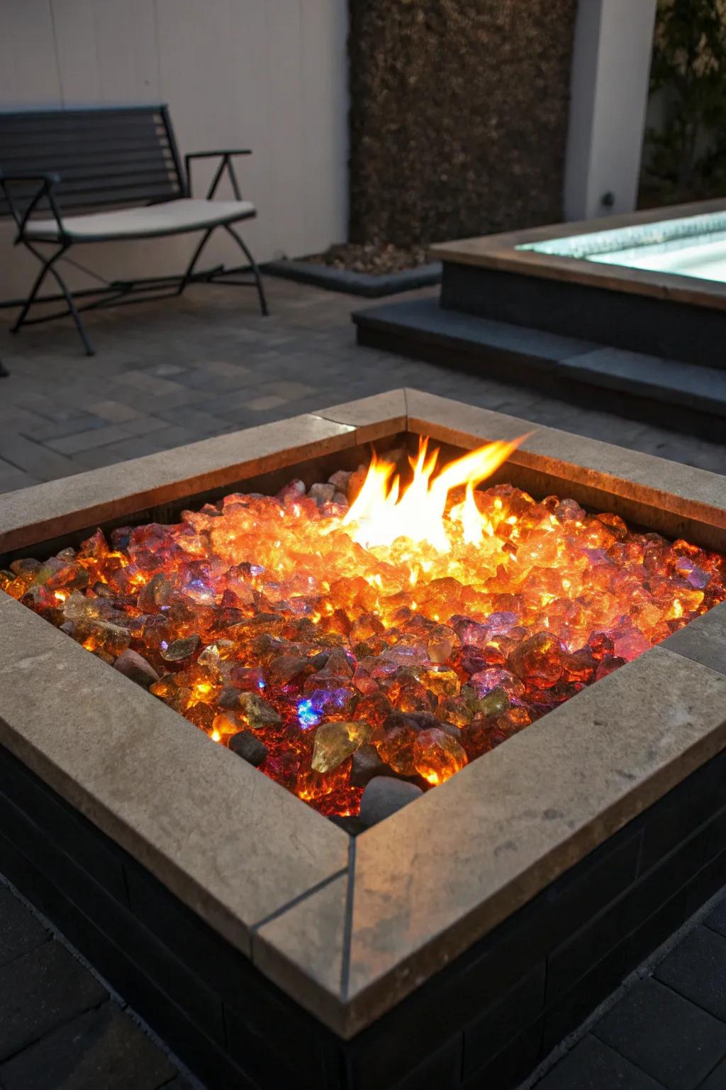 Fire glass includes style and glimmer to this fire pit.
