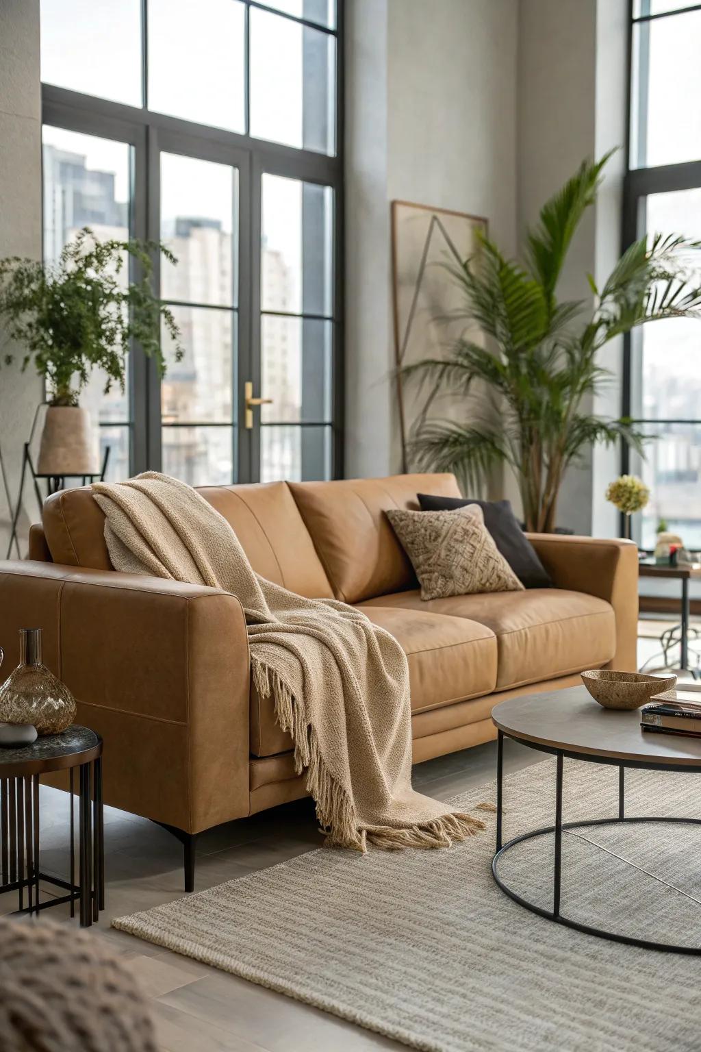 Modern and cozy elements blend seamlessly with a tan couch.