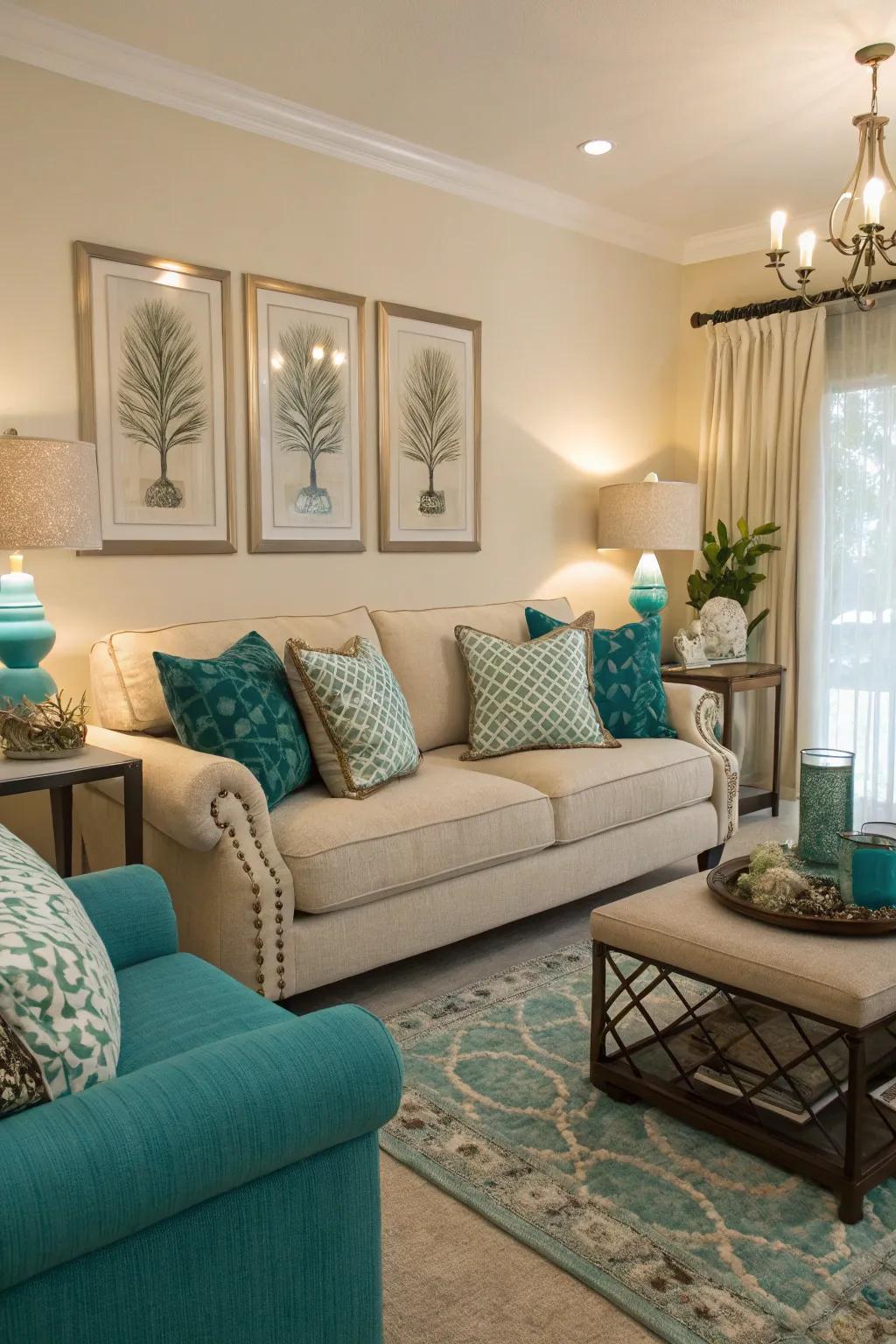 Lighting enhances the beauty of teal and beige.