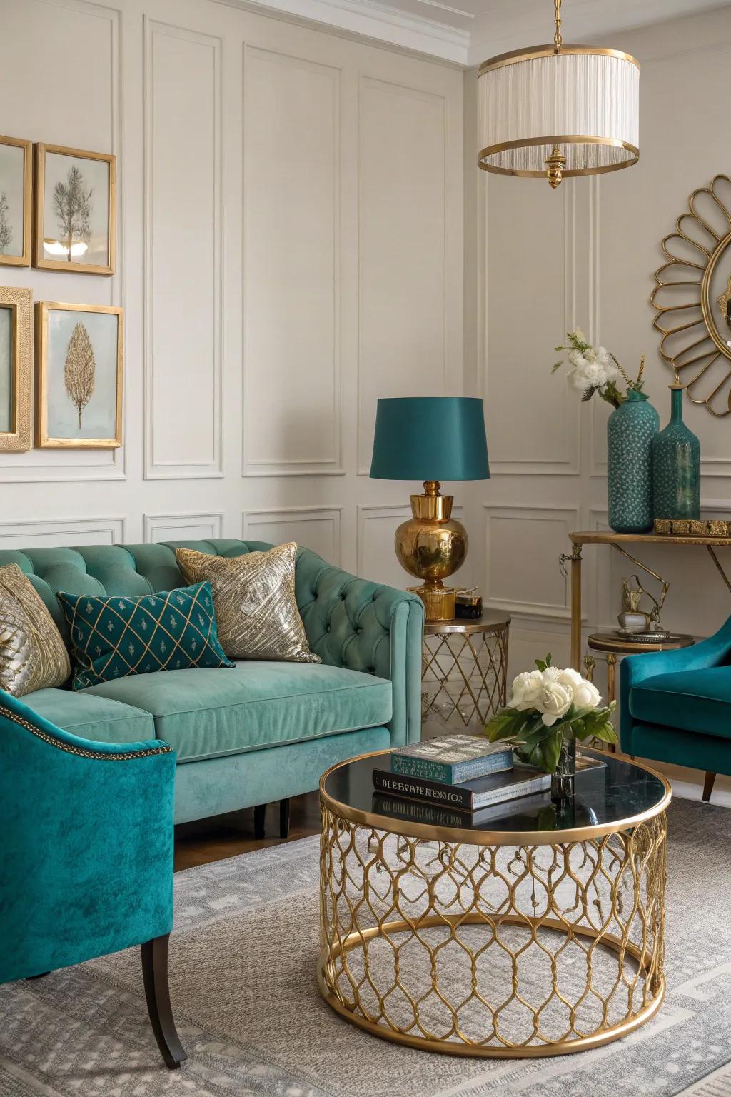 The combination of teal and brass adds a touch of glamour to this living room.