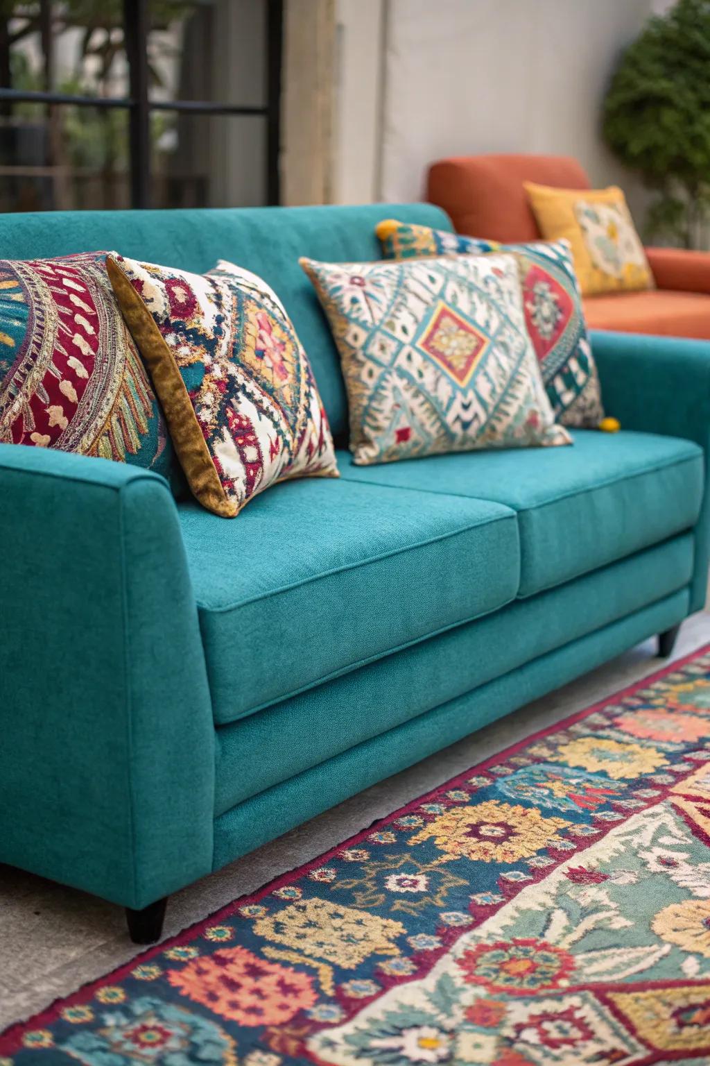 Patterns add a playful touch to a teal sofa ensemble.