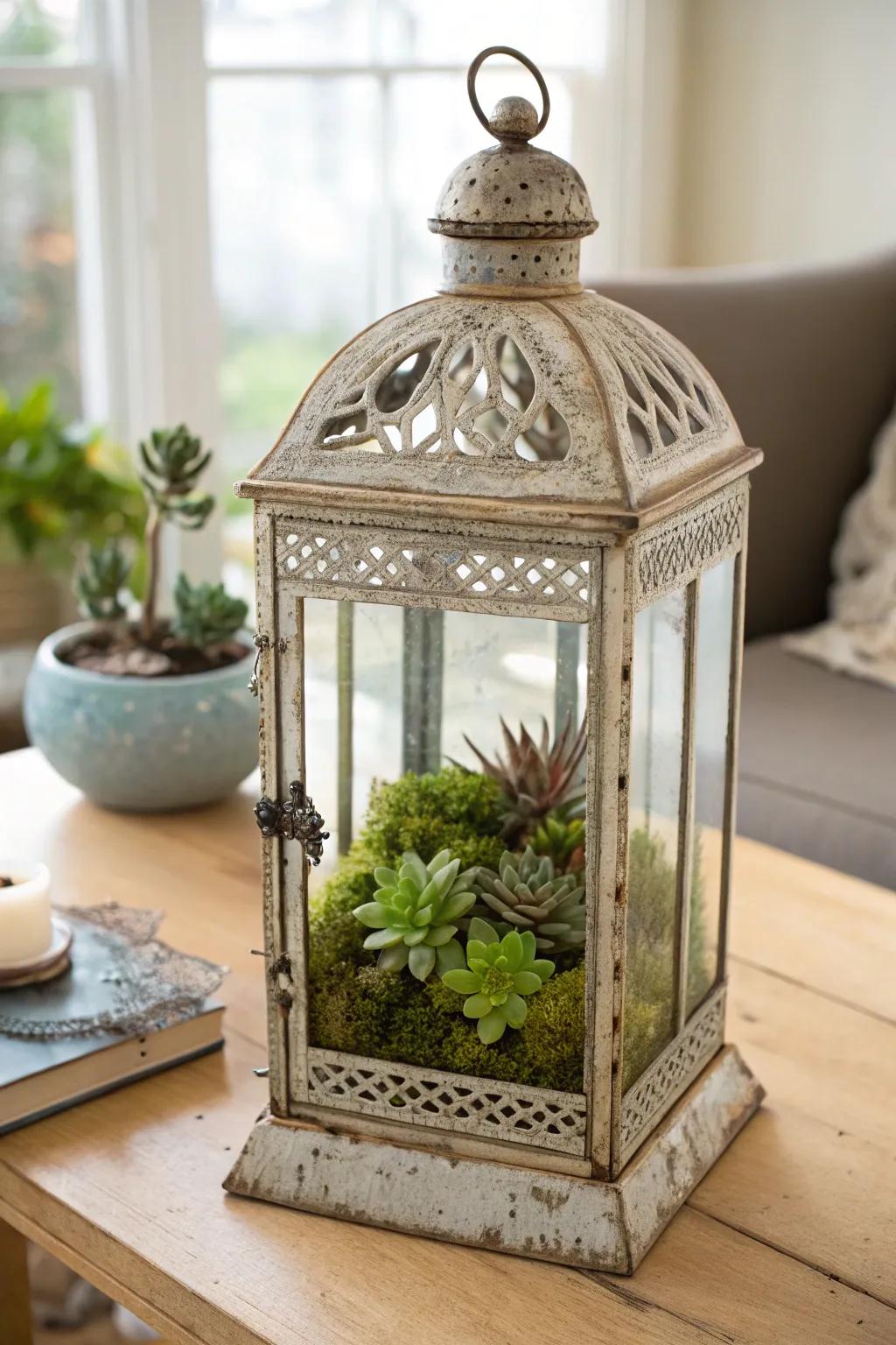 Transform vintage lanterns into enchanting terrariums for a touch of timeless elegance.
