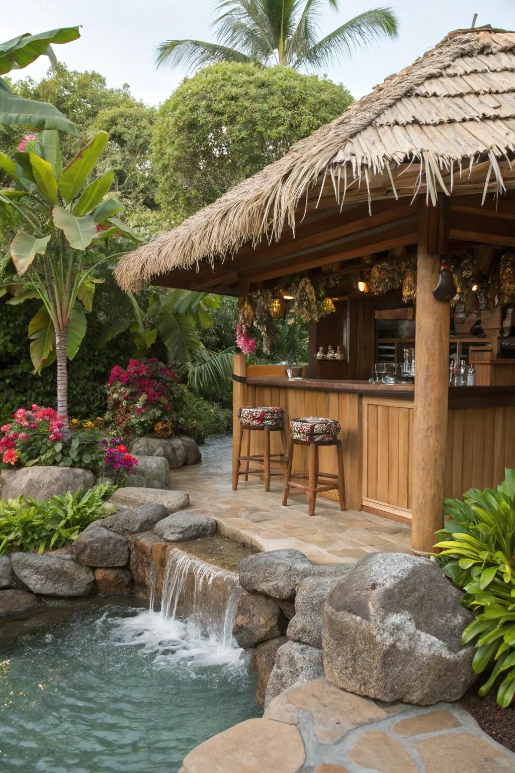 A water element adds tranquility and charm to your tiki bar.