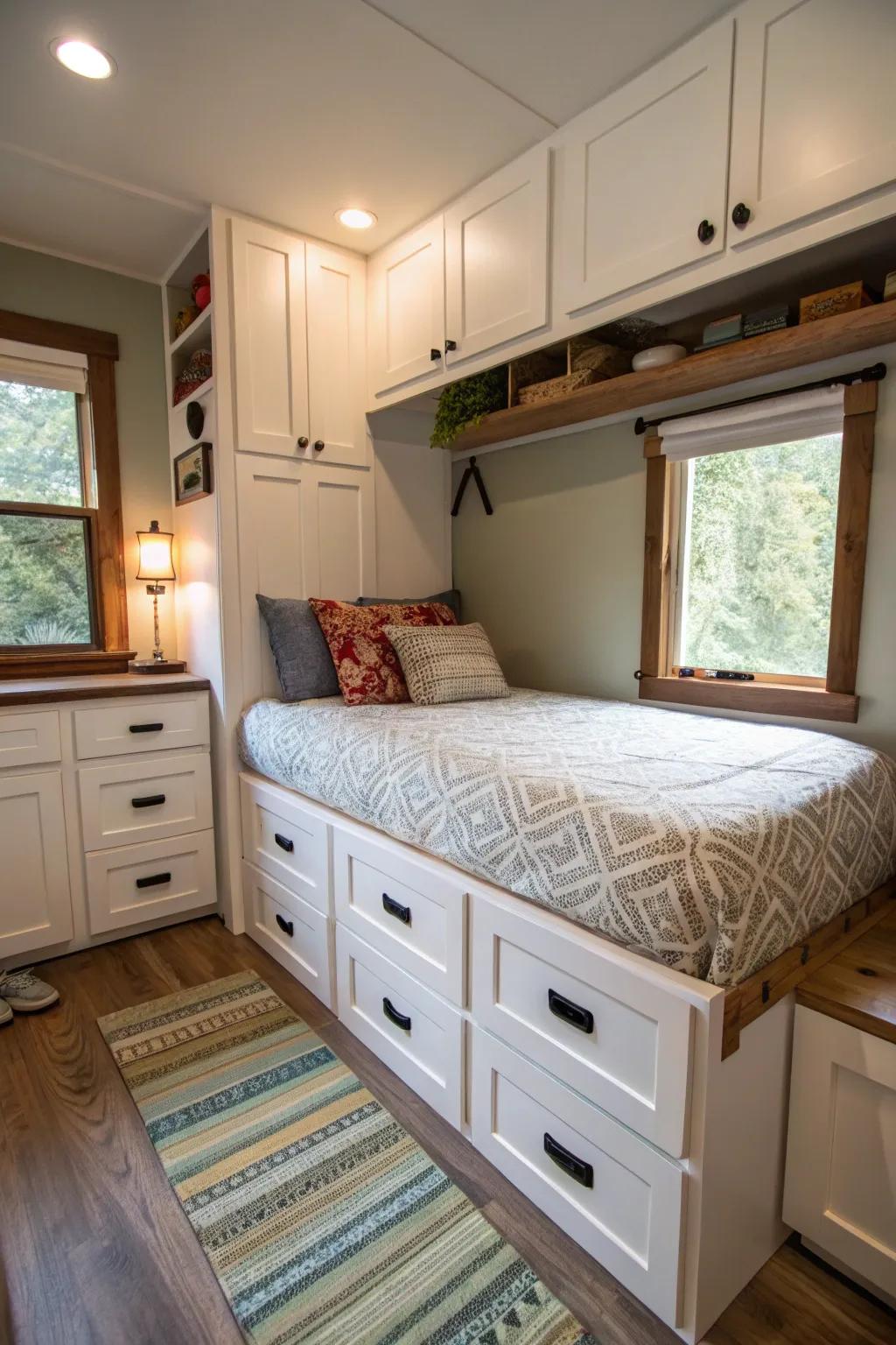 Hidden storage keeps tiny homes tidy and organized.