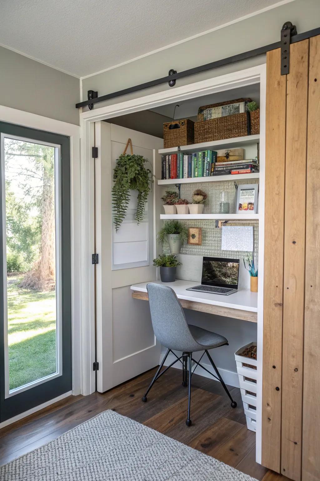 A closet can become a discreet and useful office space.