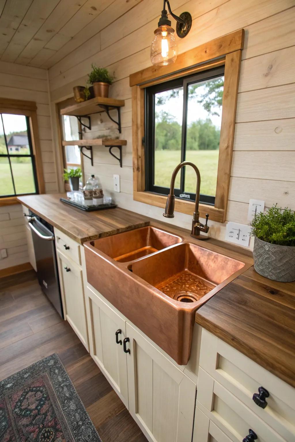 A beautiful metal basin adding warmth to a tiny house kitchen.