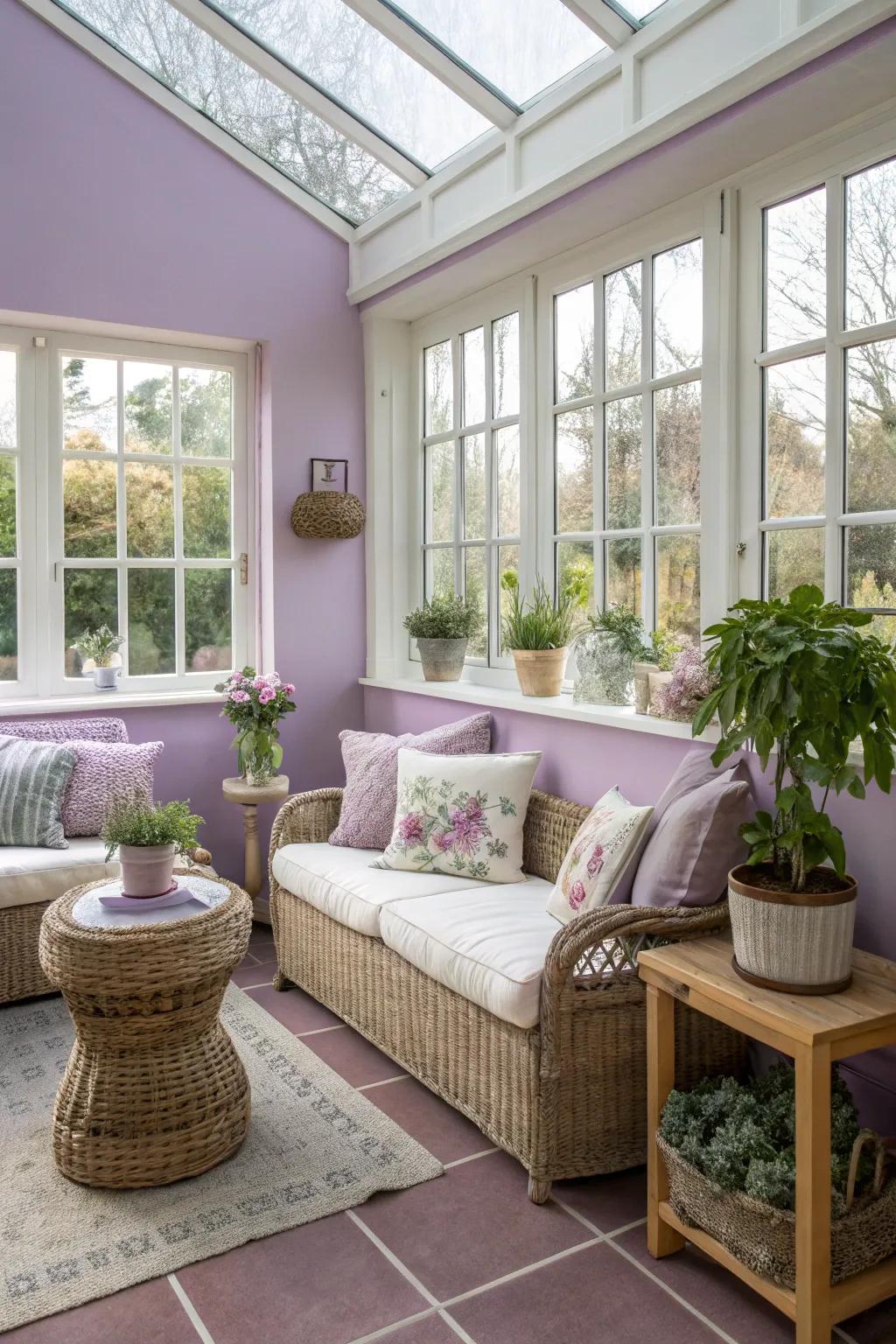 Lavender walls adding a serene and whimsical charm to the sunroom.
