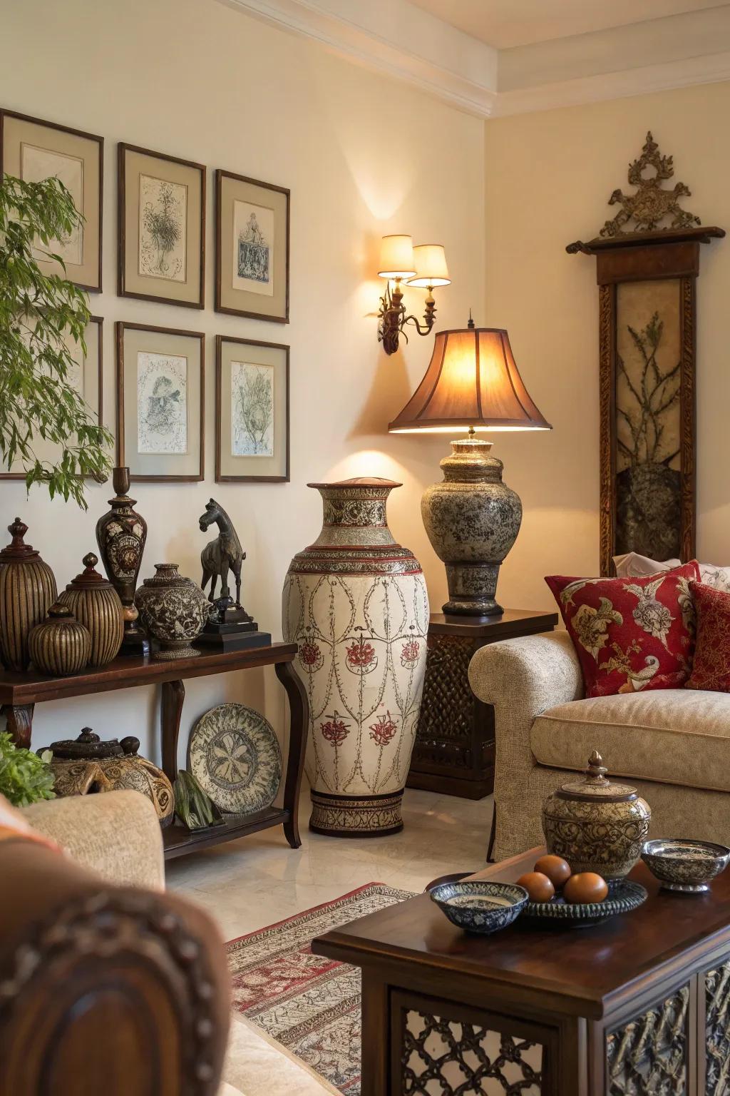 Decorative trimmings infuse personalized flair into this traditional family room.