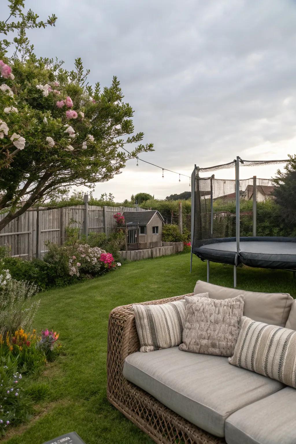 A comfortable seating nook beside the bounce platform for relaxation.