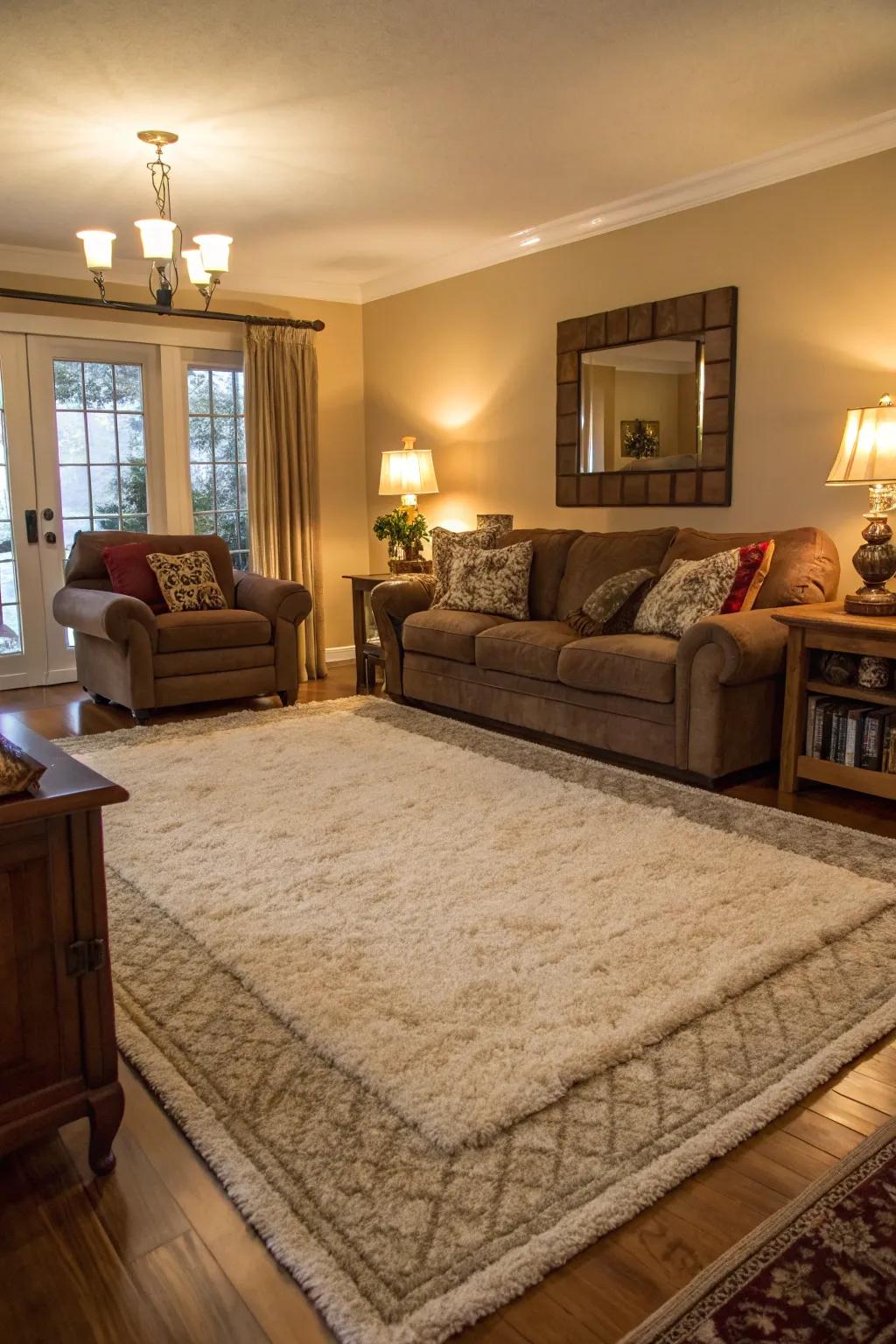 Layered rugs offering comfort and style.