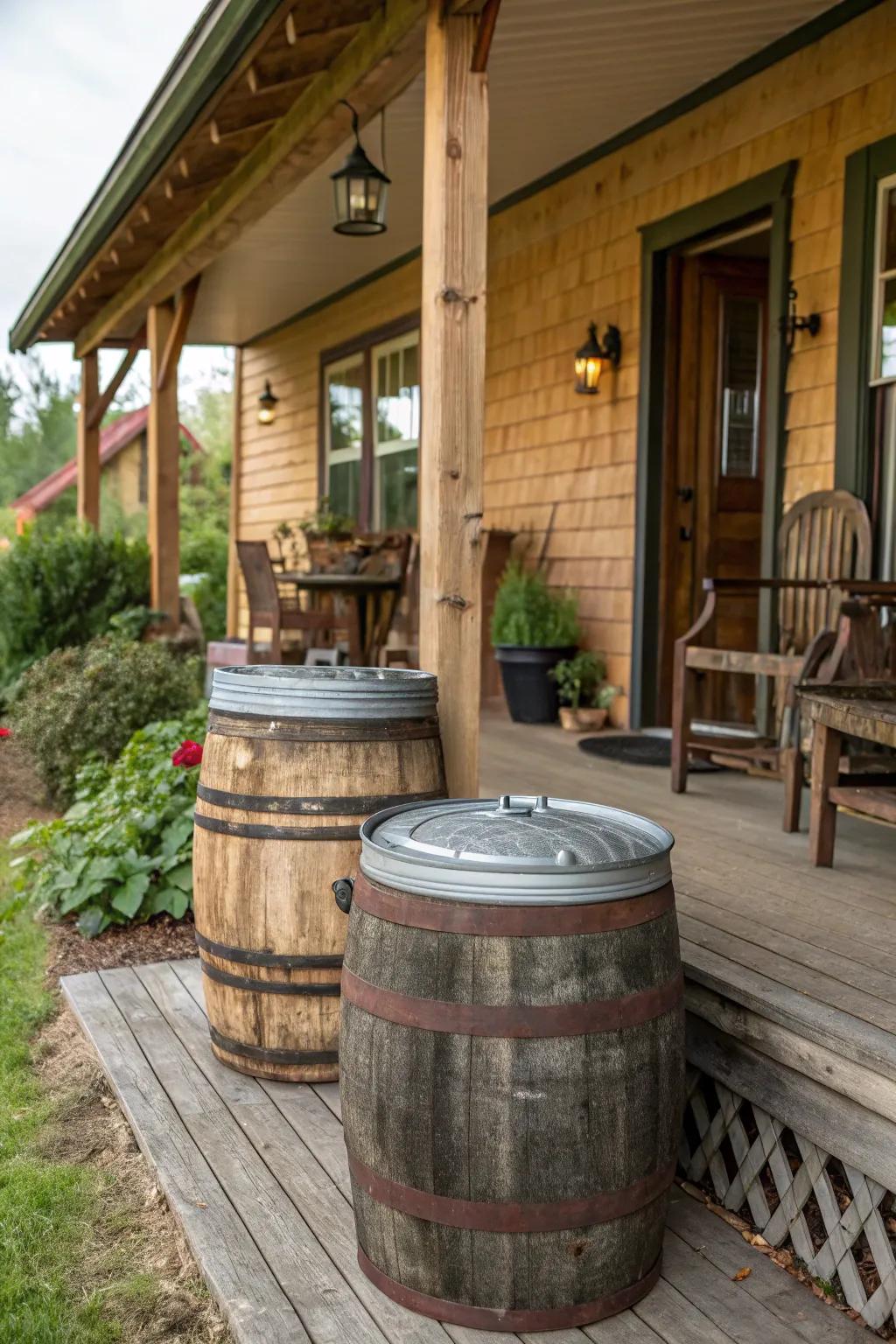 A rustic home with vintage barrel enclosures for trash bins.