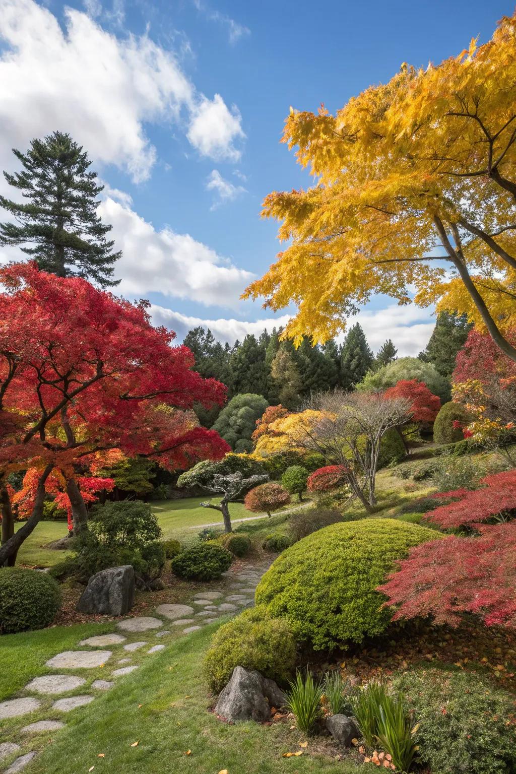 Enjoy a kaleidoscope of hues with trees selected for seasonal appeal.